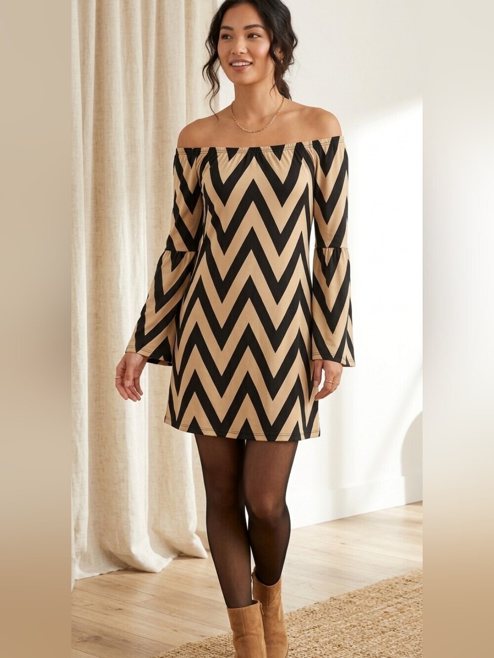 Yahada chevron off shoulder dress with bell sleeves